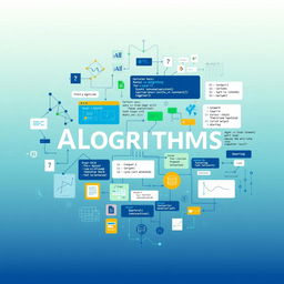 An insightful image representing algorithms, featuring a collage of elements including flowcharts, graphs, and code snippets that illustrate different types of algorithms such as sorting and searching