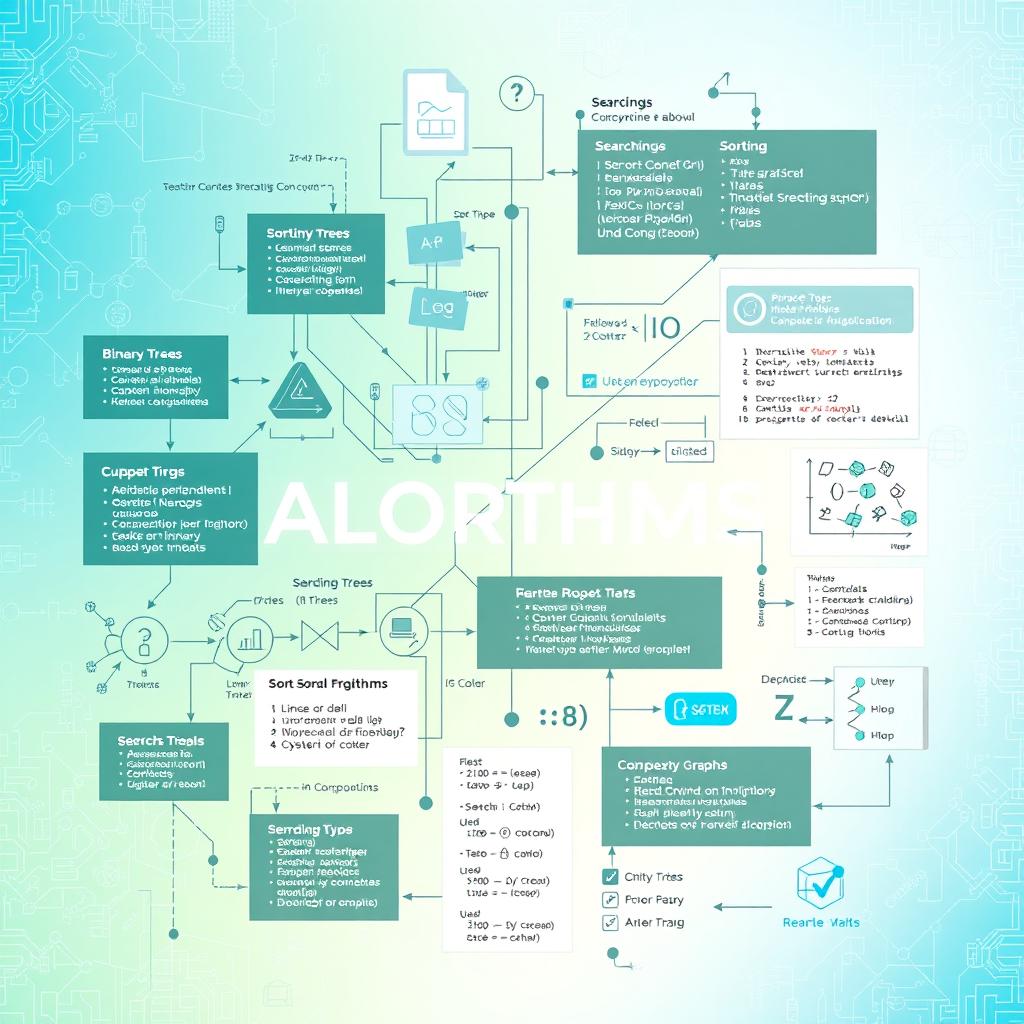 An insightful image representing algorithms, featuring a collage of elements including flowcharts, graphs, and code snippets that illustrate different types of algorithms such as sorting and searching