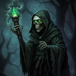 An eldritch lich, a powerful undead sorcerer, emerges from a dark and misty forest