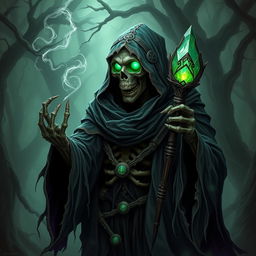 An eldritch lich, a powerful undead sorcerer, emerges from a dark and misty forest