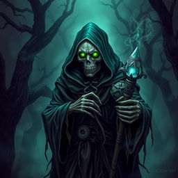 An eldritch lich, a powerful undead sorcerer, emerges from a dark and misty forest