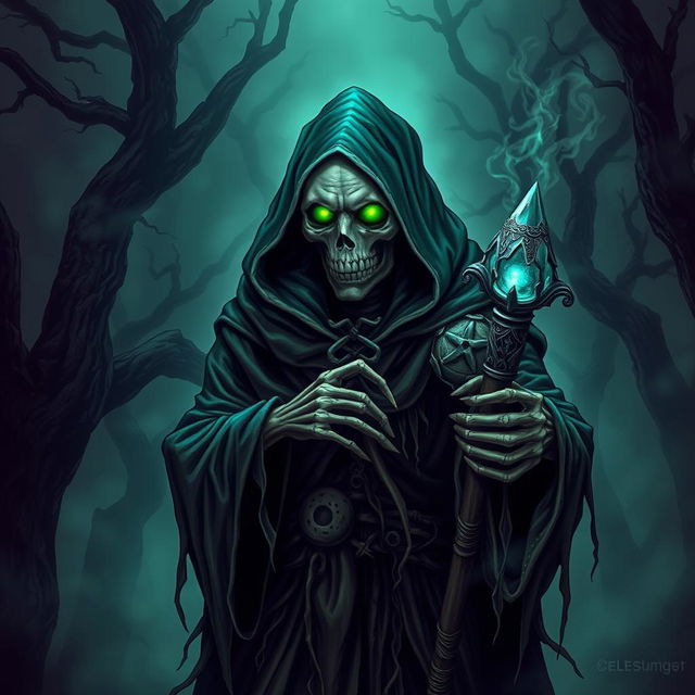 An eldritch lich, a powerful undead sorcerer, emerges from a dark and misty forest