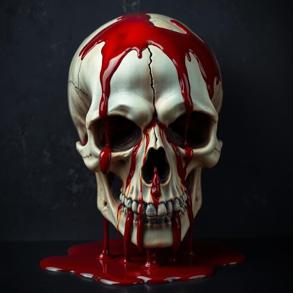 A strikingly detailed skull covered in vivid, dripping blood, set against a dark, textured background