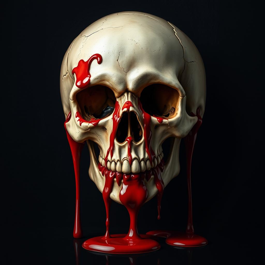 A strikingly detailed skull covered in vivid, dripping blood, set against a dark, textured background