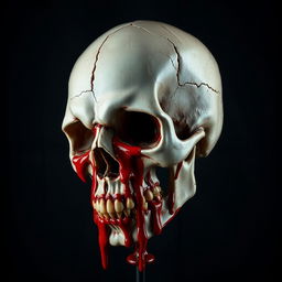 A strikingly detailed skull covered in vivid, dripping blood, set against a dark, textured background