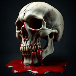 A strikingly detailed skull covered in vivid, dripping blood, set against a dark, textured background