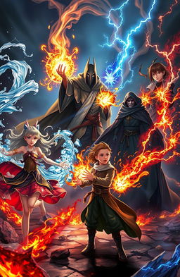 A dynamic fantasy scene featuring a girl with water and ice powers, elegantly controlling swirling water and shimmering ice crystals around her