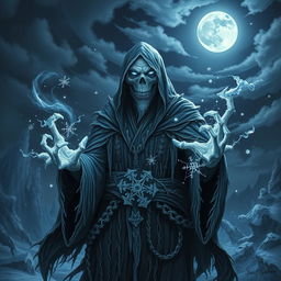 A powerful Eldritch lich mage commanding the forces of frost, depicted in a dark, mystical setting