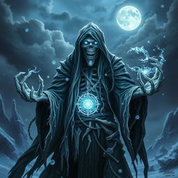 A powerful Eldritch lich mage commanding the forces of frost, depicted in a dark, mystical setting