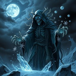 A powerful Eldritch lich mage commanding the forces of frost, depicted in a dark, mystical setting