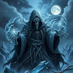 A powerful Eldritch lich mage commanding the forces of frost, depicted in a dark, mystical setting