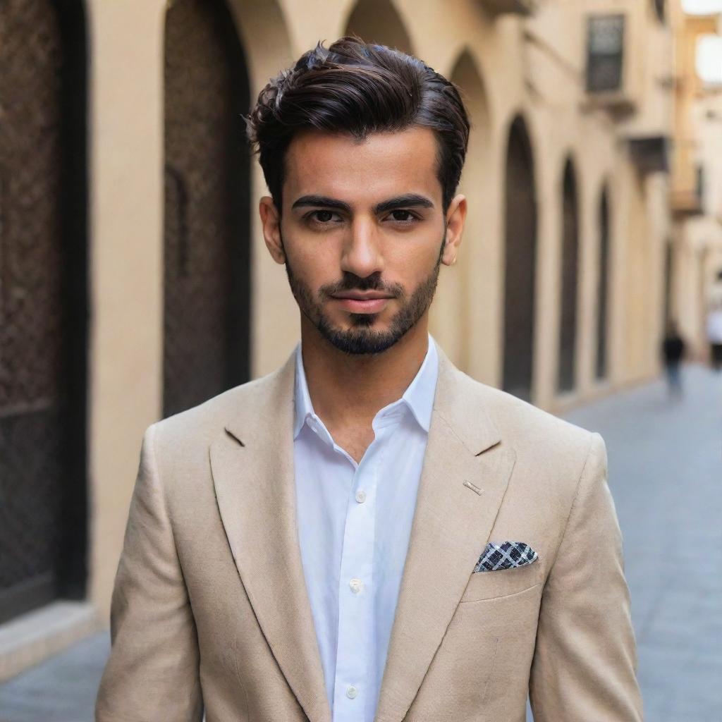 The young Arabic man is now transformed, wearing smart casuals. He is donning a well-groomed, stylish hairstyle. His ensemble radiates a blend of traditional and modern fashion aesthetics.