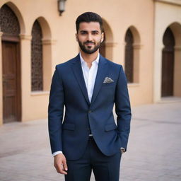 The young Arabic man is now transformed, wearing smart casuals. He is donning a well-groomed, stylish hairstyle. His ensemble radiates a blend of traditional and modern fashion aesthetics.