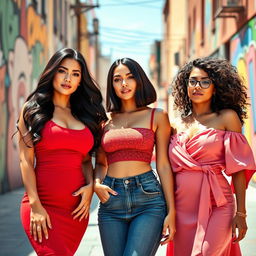 Three gorgeous Latina women in a vibrant urban setting, each styled in trendy outfits that highlight their curves