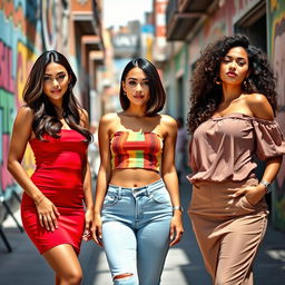 Three gorgeous Latina women in a vibrant urban setting, each styled in trendy outfits that highlight their curves