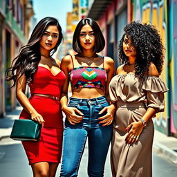 Three gorgeous Latina women in a vibrant urban setting, each styled in trendy outfits that highlight their curves