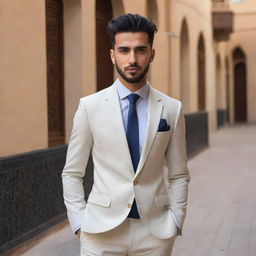 The young Arabic man is now transformed, wearing smart casuals. He is donning a well-groomed, stylish hairstyle. His ensemble radiates a blend of traditional and modern fashion aesthetics.