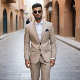 The young Arabic man is now transformed, wearing smart casuals. He is donning a well-groomed, stylish hairstyle. His ensemble radiates a blend of traditional and modern fashion aesthetics.