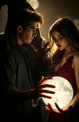 A romantic yet eerie scene depicting a young man gazing longingly at a woman who is deeply focused on a glowing crystal ball, her expression tinged with worry