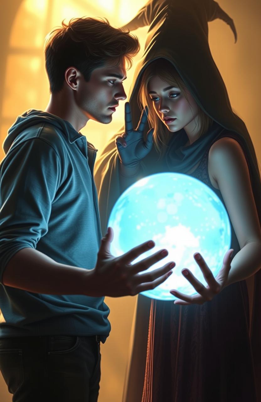 A romantic yet eerie scene depicting a young man gazing longingly at a woman who is deeply focused on a glowing crystal ball, her expression tinged with worry