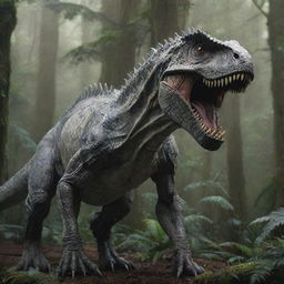 A magnificent and powerful Indominus Rex, with its massive claws, sharp teeth, and a menacing gaze, standing in a lush Jurassic forest