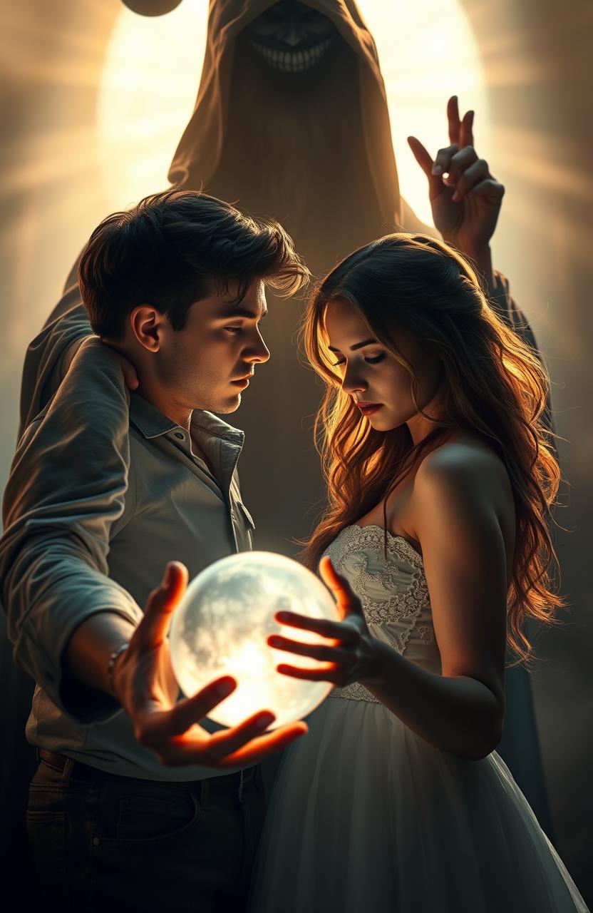 A romantic yet eerie scene depicting a young man gazing longingly at a woman who is deeply focused on a glowing crystal ball, her expression tinged with worry