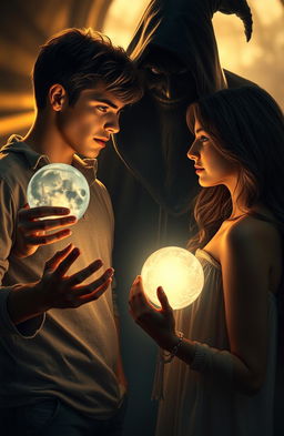 A romantic yet eerie scene depicting a young man gazing longingly at a woman who is deeply focused on a glowing crystal ball, her expression tinged with worry