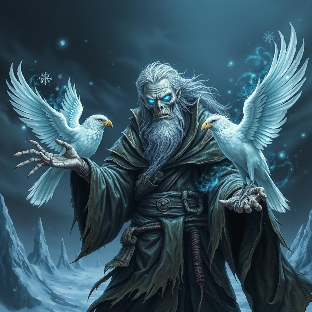 A powerful Eldritch lich mage of frost, featuring an elder figure with a little thinning hair and elongated skeletal features