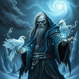 A powerful Eldritch lich mage of frost, featuring an elder figure with a little thinning hair and elongated skeletal features