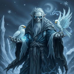 A powerful Eldritch lich mage of frost, featuring an elder figure with a little thinning hair and elongated skeletal features