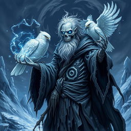 A powerful Eldritch lich mage of frost, featuring an elder figure with a little thinning hair and elongated skeletal features