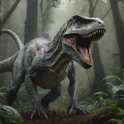 A magnificent and powerful Indominus Rex, with its massive claws, sharp teeth, and a menacing gaze, standing in a lush Jurassic forest