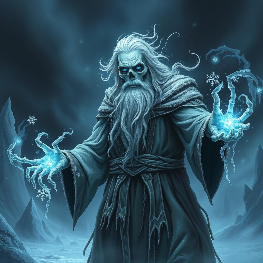 An imposing Eldritch lich mage of frost, characterized by a white beard and thinning hair, embodying ancient power