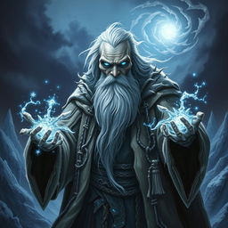 An imposing Eldritch lich mage of frost, characterized by a white beard and thinning hair, embodying ancient power