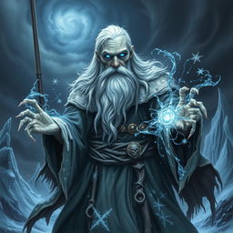 An imposing Eldritch lich mage of frost, characterized by a white beard and thinning hair, embodying ancient power