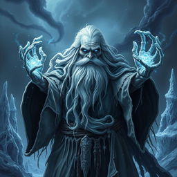 An imposing Eldritch lich mage of frost, characterized by a white beard and thinning hair, embodying ancient power