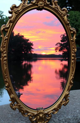 A beautifully ornate antique mirror reflecting a breathtaking sunset over a serene lake, surrounded by lush green trees