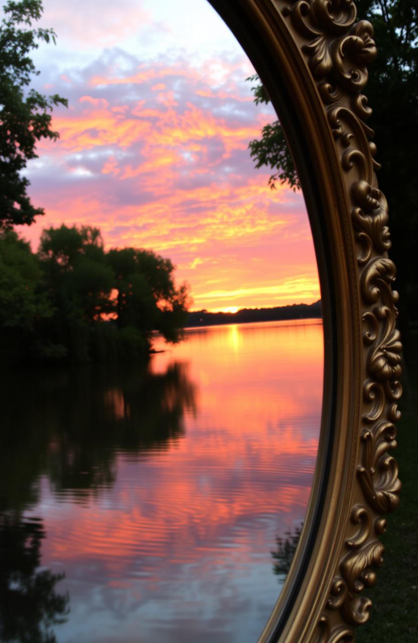 A beautifully ornate antique mirror reflecting a breathtaking sunset over a serene lake, surrounded by lush green trees