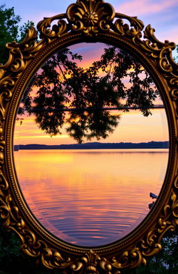 A beautifully ornate antique mirror reflecting a breathtaking sunset over a serene lake, surrounded by lush green trees