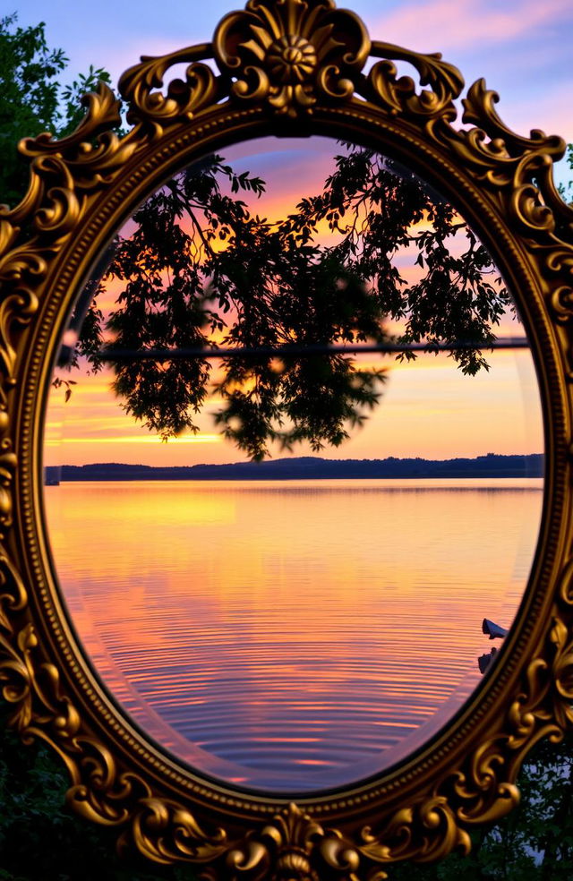 A beautifully ornate antique mirror reflecting a breathtaking sunset over a serene lake, surrounded by lush green trees