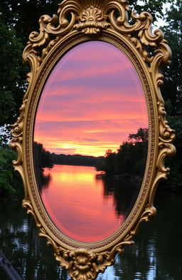 A beautifully ornate antique mirror reflecting a breathtaking sunset over a serene lake, surrounded by lush green trees