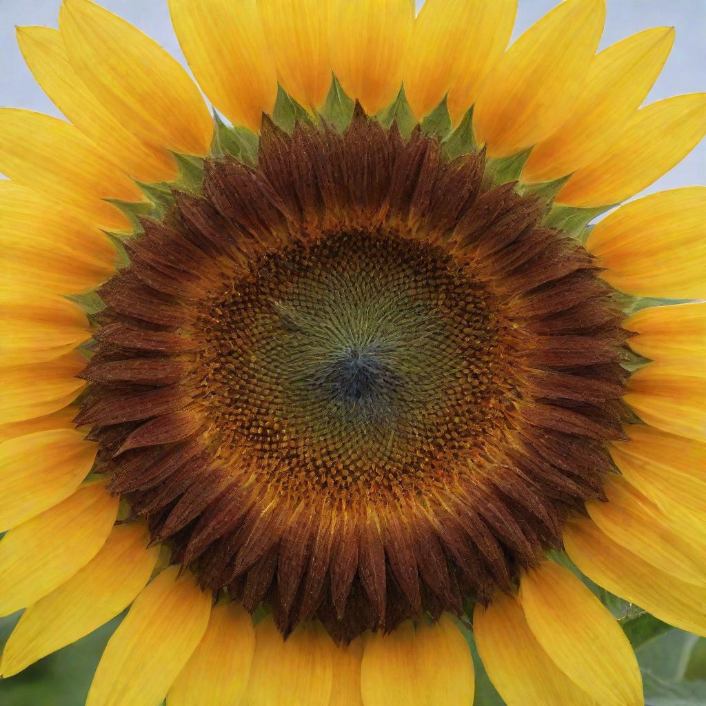 A large, vibrant sunflower with golden petals unfurling towards the sky in sharp detail.