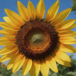 A large, vibrant sunflower with golden petals unfurling towards the sky in sharp detail.