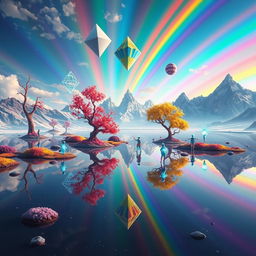 A surreal, dreamlike dimension filled with fantastical mirrored landscapes that reflect an alternate reality