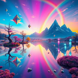 A surreal, dreamlike dimension filled with fantastical mirrored landscapes that reflect an alternate reality