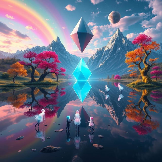 A surreal, dreamlike dimension filled with fantastical mirrored landscapes that reflect an alternate reality