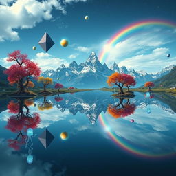 A surreal, dreamlike dimension filled with fantastical mirrored landscapes that reflect an alternate reality