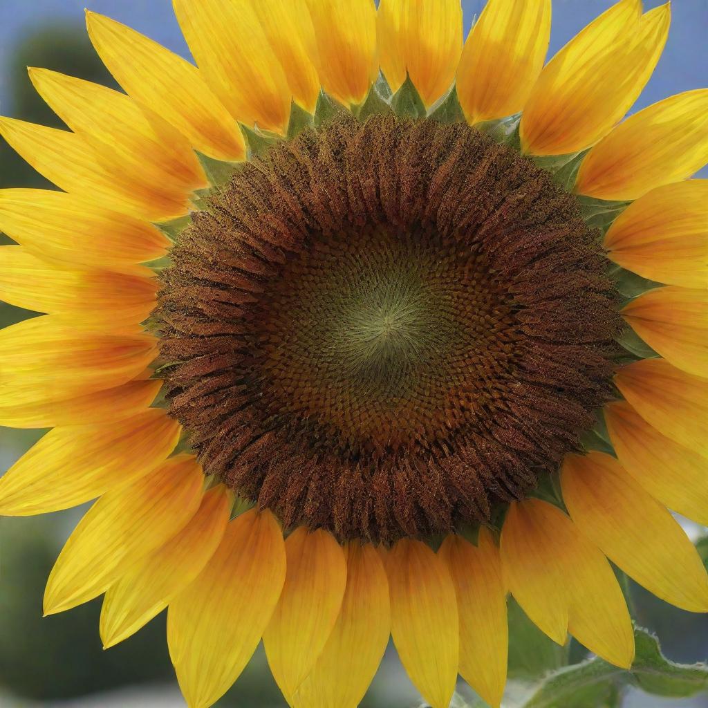 A large, vibrant sunflower with golden petals unfurling towards the sky in sharp detail.