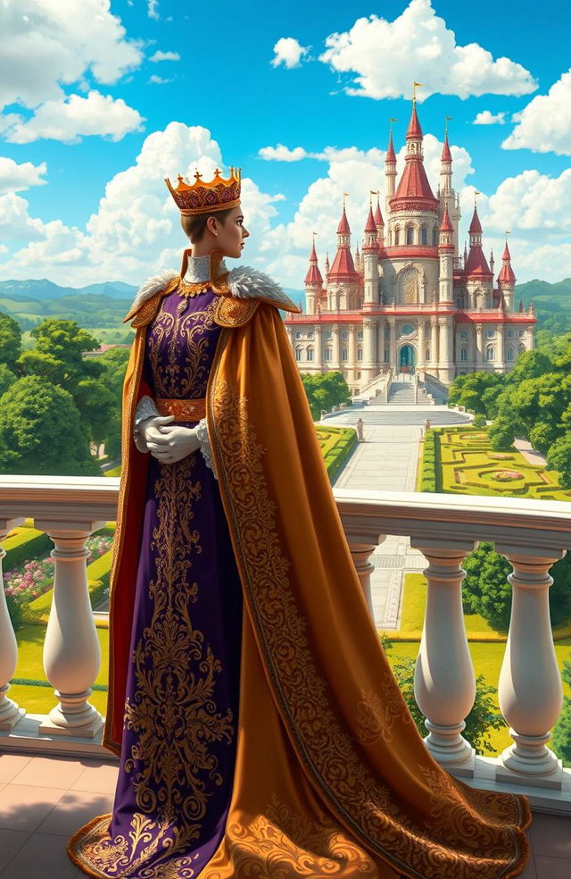 An elegantly dressed royal figure standing on a balcony overlooking a magnificent kingdom, wearing a lavishly detailed royal robe adorned with gold embroidery and jewels