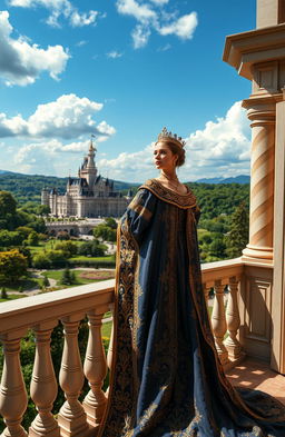 An elegantly dressed royal figure standing on a balcony overlooking a magnificent kingdom, wearing a lavishly detailed royal robe adorned with gold embroidery and jewels